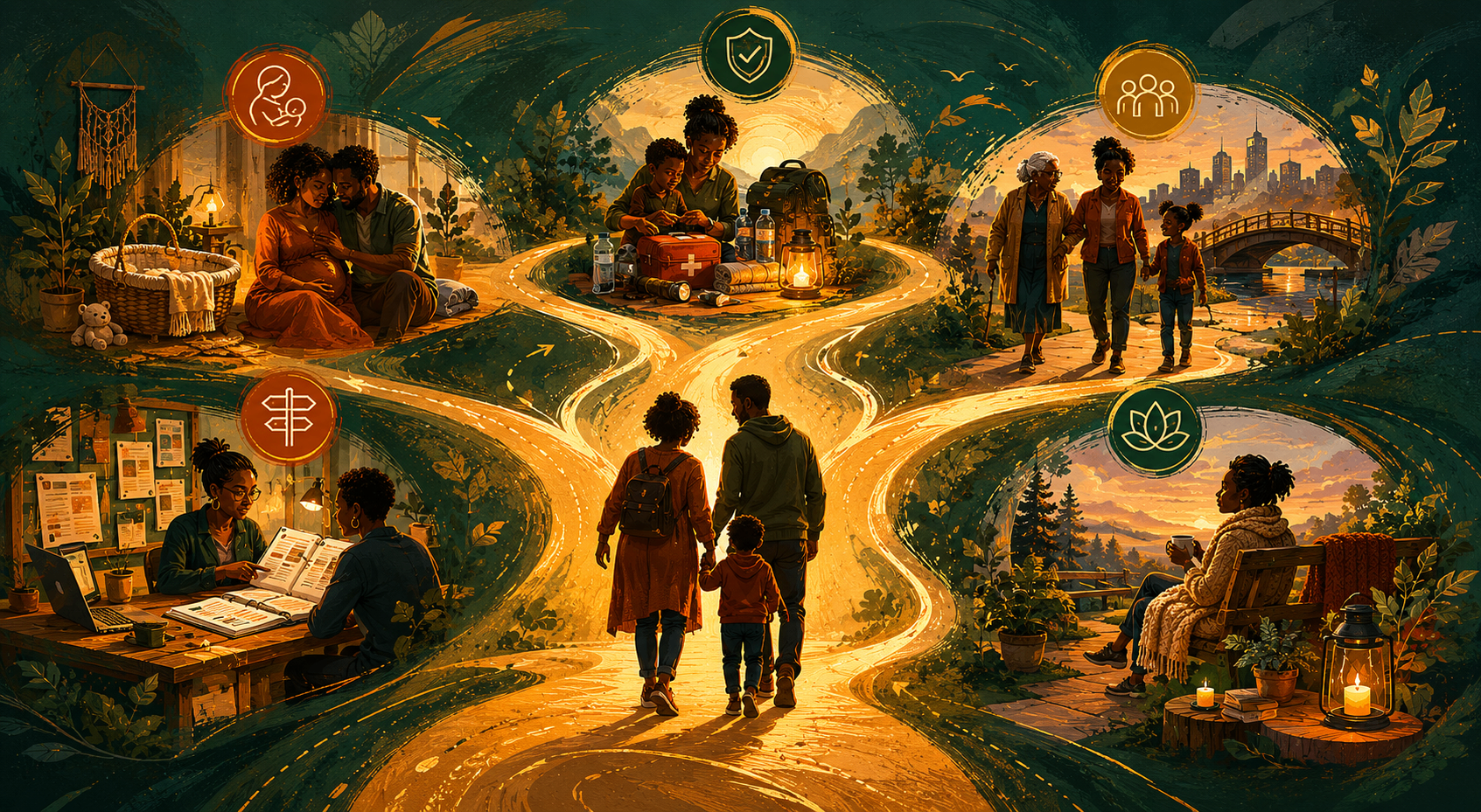 Tree of Life care system illustration connecting Tamar's five support areas: Birth and Family Support, Emergency Readiness, Sandwich-Generation Bridge, Resource Navigation, and Restoration.